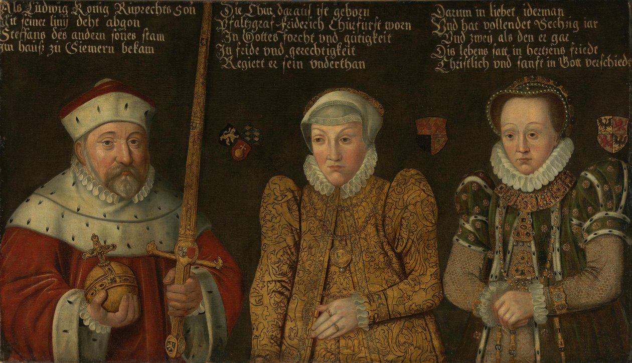 Duits: Portret van keurvorst Frederik III van de Palts (1515-1576) met zijn vrouwen Maria von Brandenburg-Kulmbach en Amalia von Neuenar door anonymous 