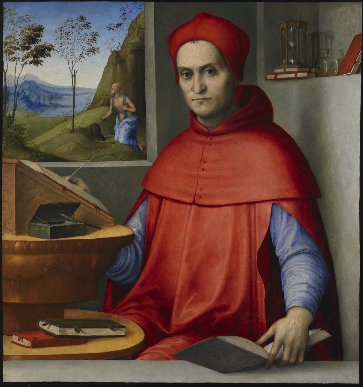 Portret van een kardinaal in zijn studeerkamer door attributed to Lorenzo Costa
