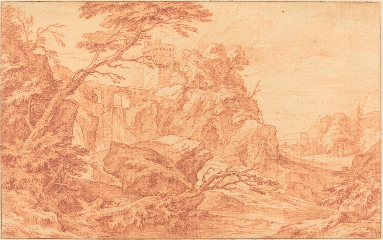 Een rotsachtig landschap met een stenen toren en een waterval door attributed to Adriaen Frans Boudewyns