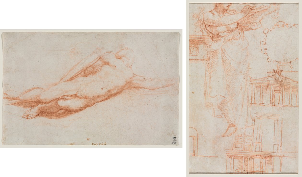 Studie van een Gevallen Soldaat (mogelijk de Bekering van Saul) (recto); Een Gedrapeerde Vrouwelijke Figuur (mogelijk een Amazone) en Architecturale Studies (verso) door attributed to Correggio