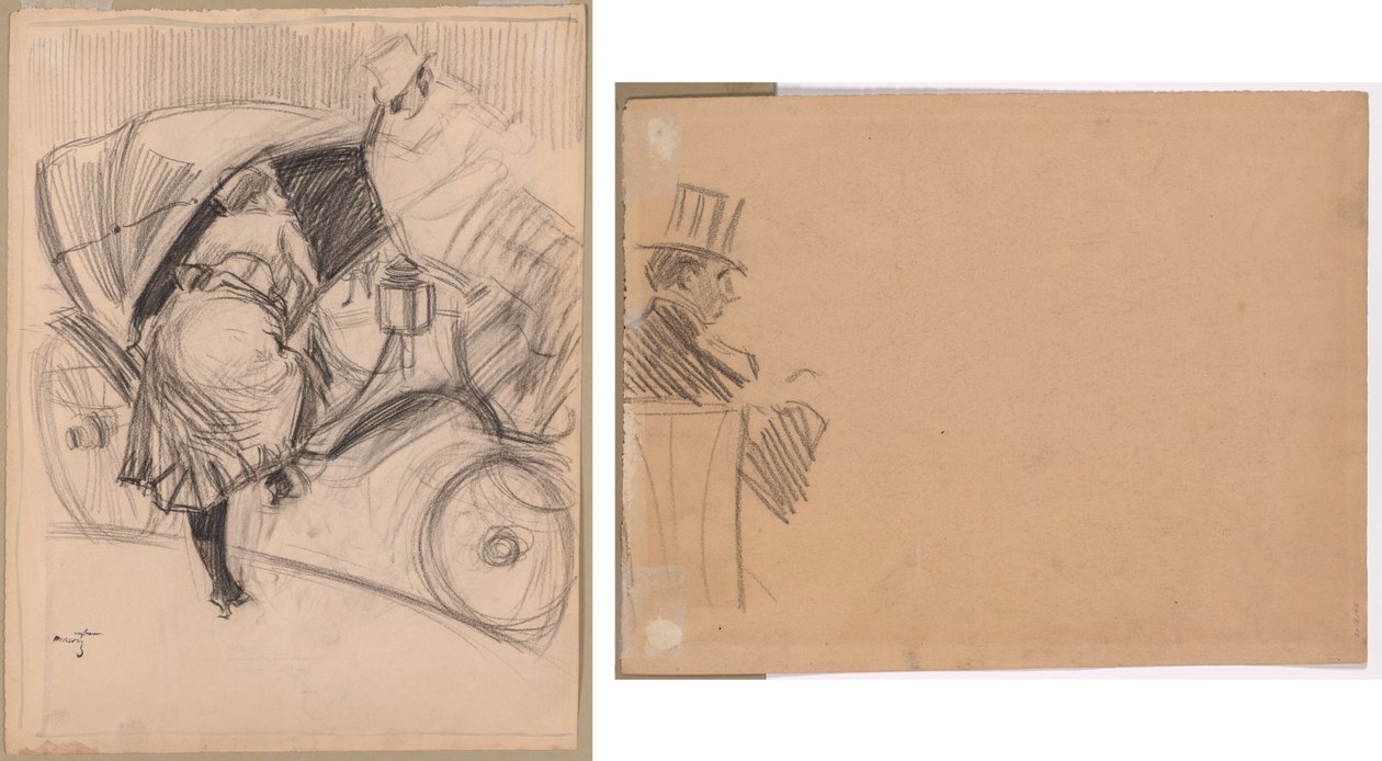 Vrouw die een fiacre binnengaat (recto); Rechterprofiel van een man met hoge hoed (verso) door attributed to Jean Louis Forain