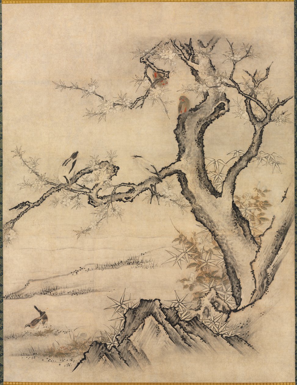 Bloemen en Vogels in een Lentelandschap door attributed to Kano Motonobu