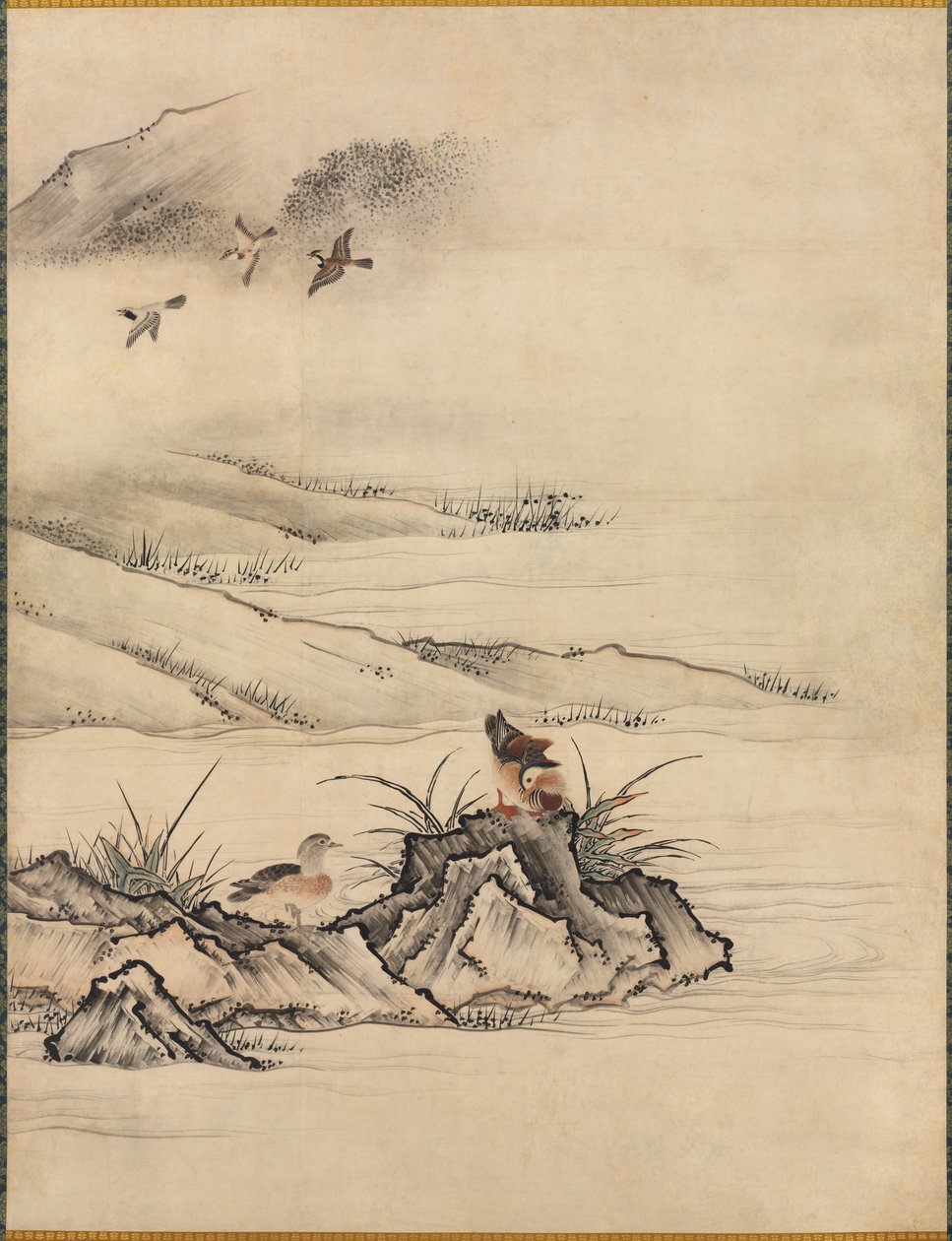 Bloemen en Vogels in een Lentelandschap door attributed to Kano Motonobu