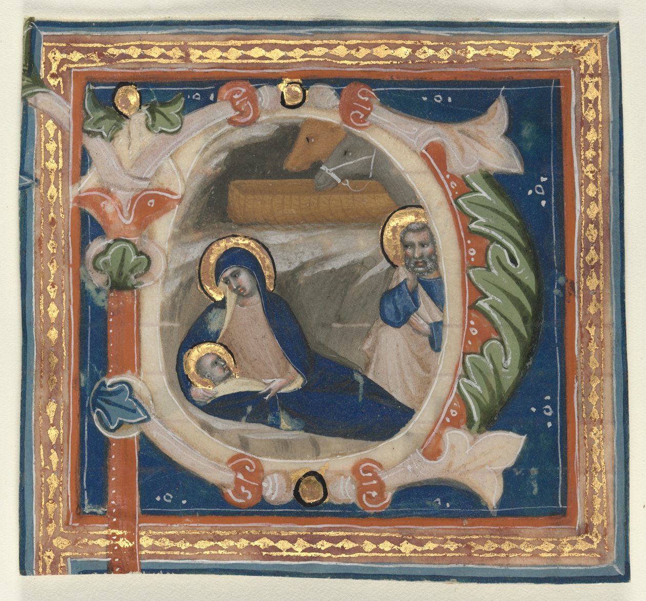Geïllustreerde Initiaal (P) Uitgesneden uit een Graduale: De Geboorte door attributed to Lippo Vanni