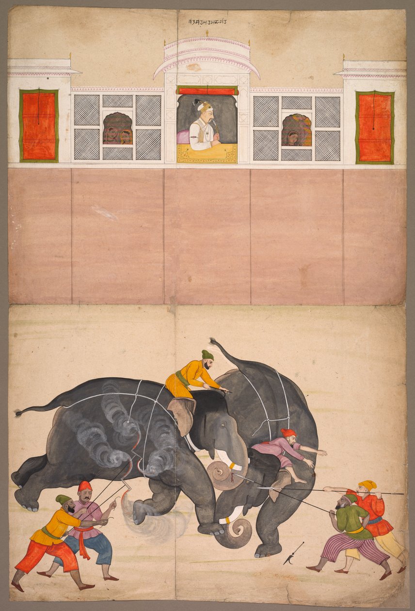Twee Olifanten Vechten in een Binnenplaats voor Muhammad Shah door attributed to Nainsukh