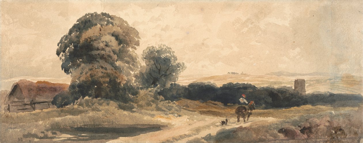 Een landweg met reiziger te paard door attributed to Peter DeWint