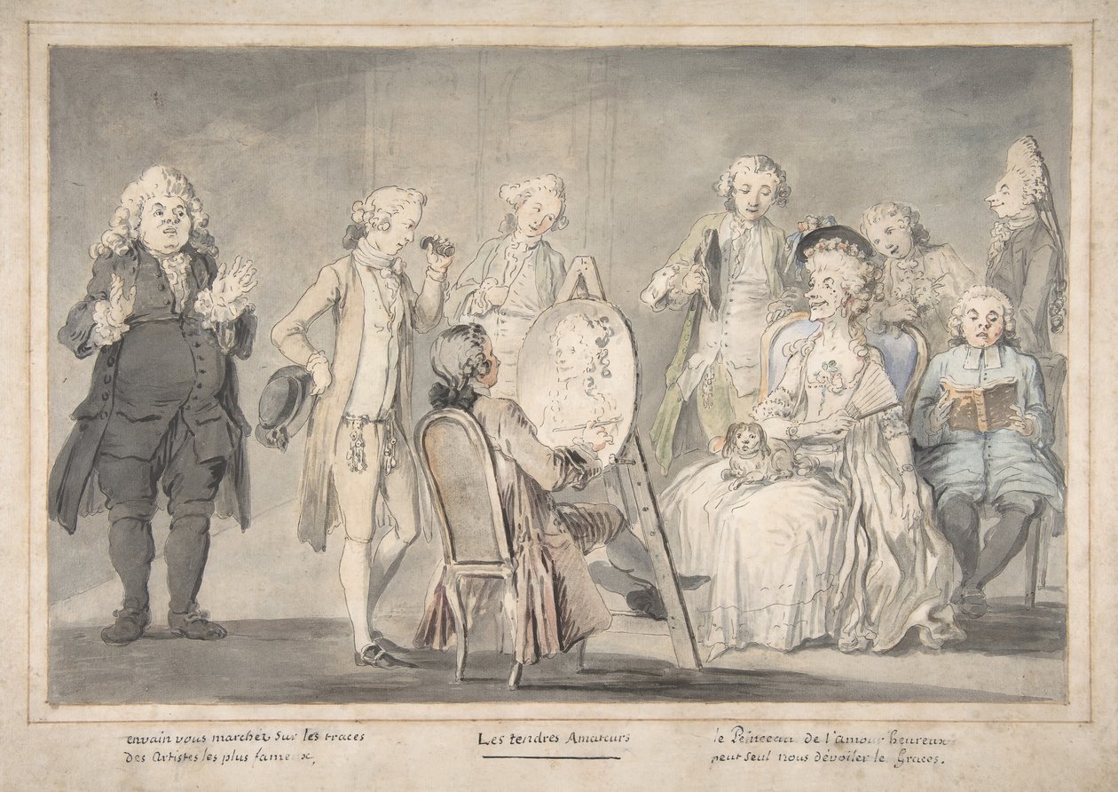 Satirische tekening: Kunstenaar Schildert Portret van Oude Dame door attributed to Pietro Antonio Novelli.