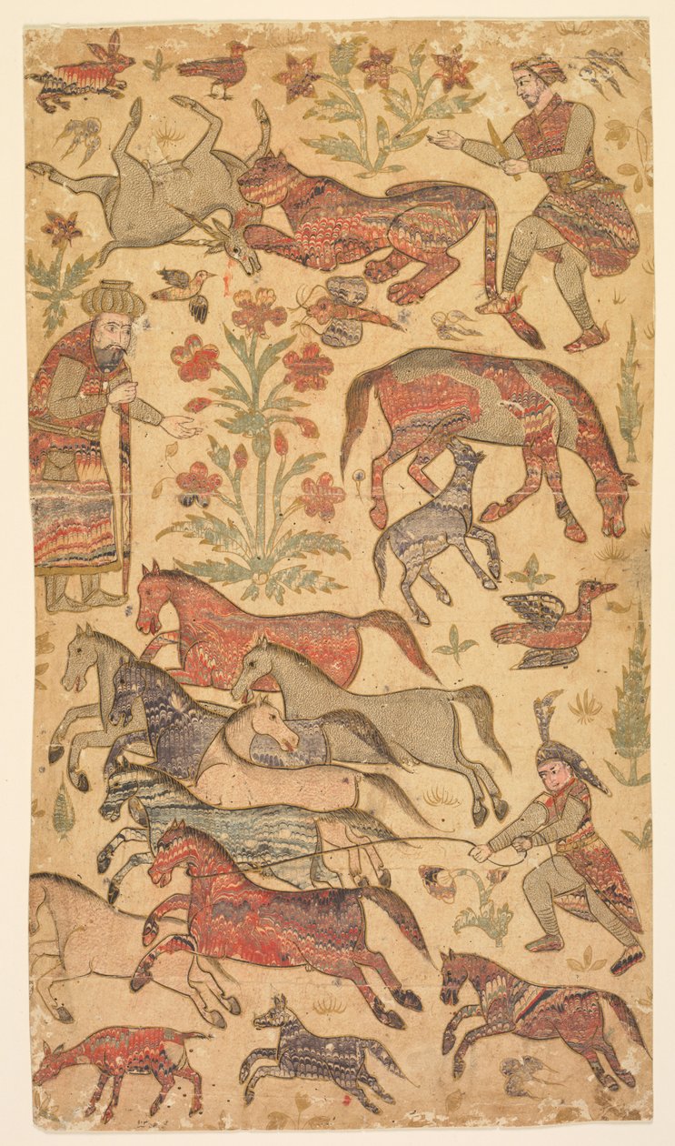 Een gemarmerd beeld van Rustam die Rakhsh vangt door attributed to Shafi