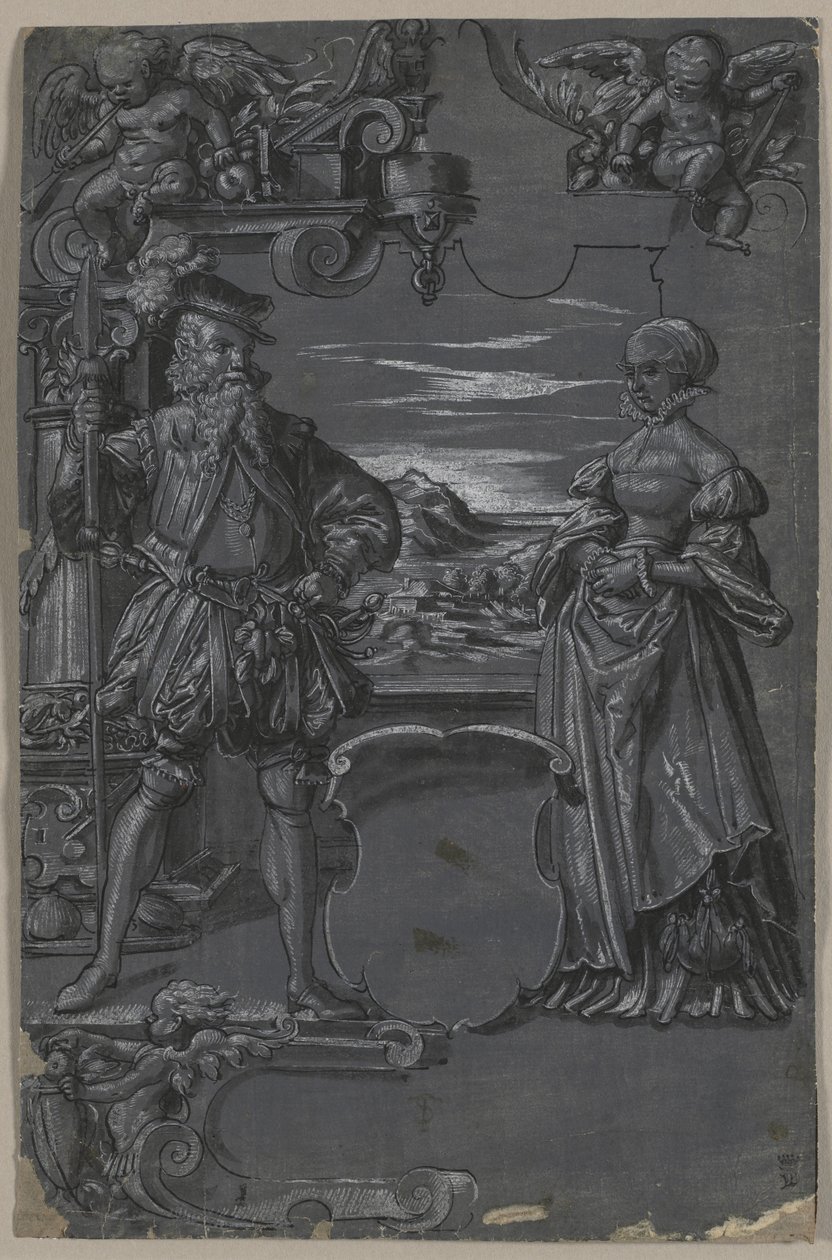 Ontwerp voor Glas-in-lood: Man en Vrouw in Architectonische Setting door attributed to Tobias Stimmer
