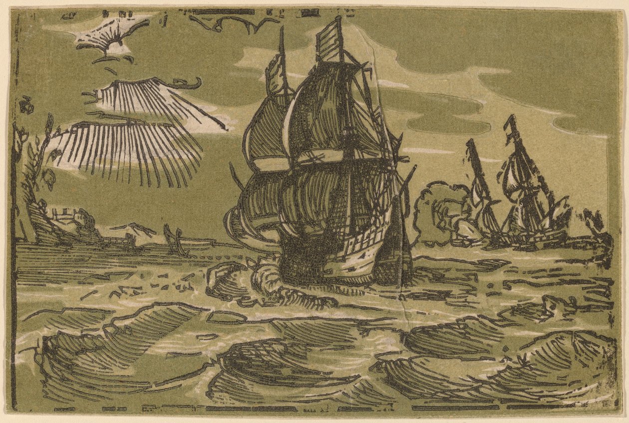 Twee Drie-Master Schepen voor een Kustlijn door attributed to workshop of Willem Jansz. Blaeu