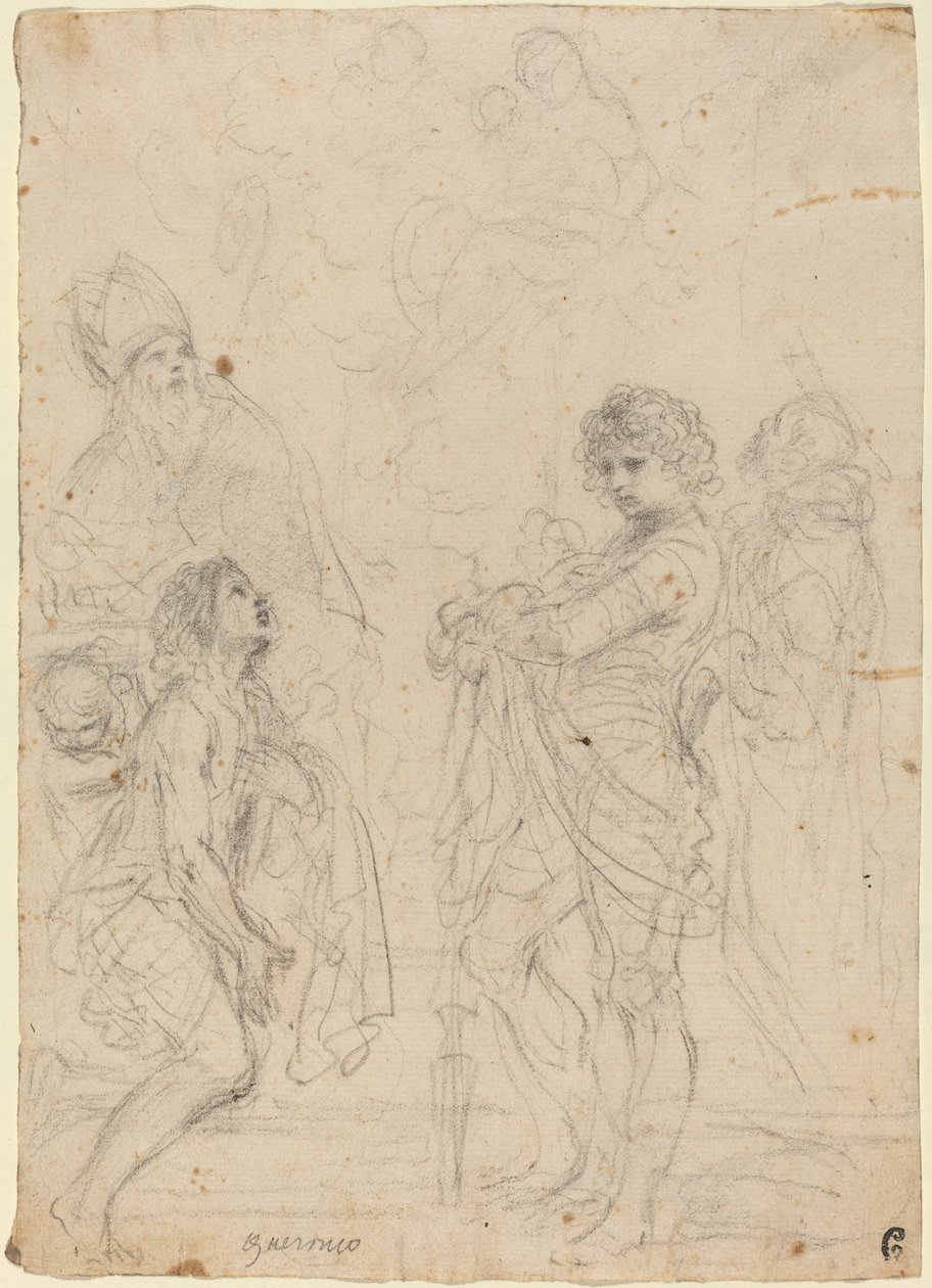 Madonna en kind met heiligen Gimignano, Johannes de Doper, George en Peter Martyr door called Guercino Giovanni Francesco Barbieri