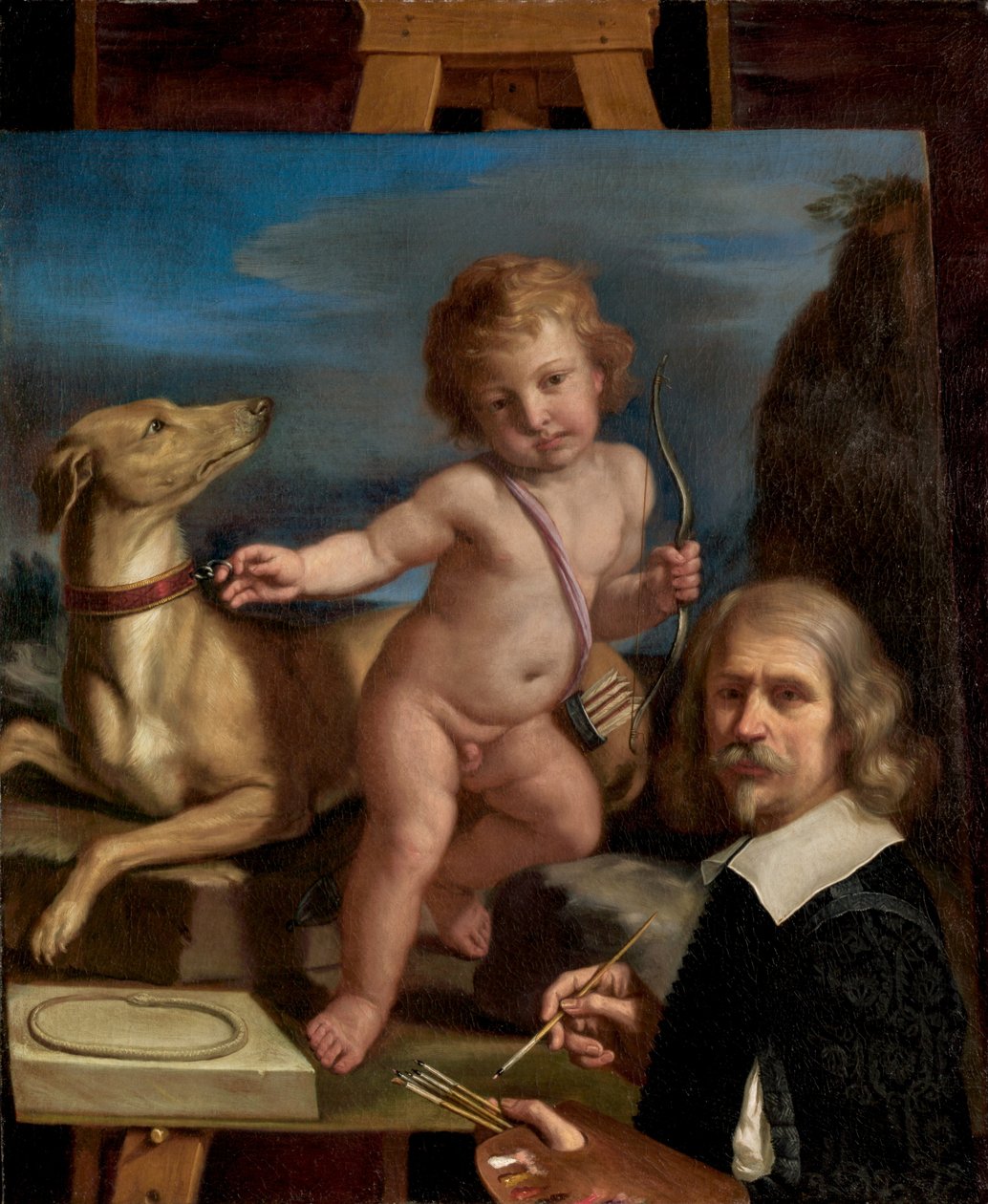 Zelfportret voor een schilderij van "Amor Fedele" door called Guercino Giovanni Francesco Barbieri