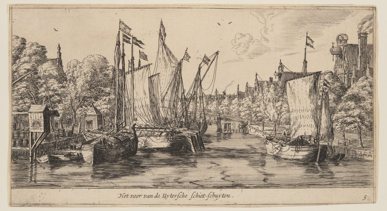 Het veer van de Uytersche Schiet-Schuyten, from Views of Amsterdam door called Zeeman Reinier Nooms