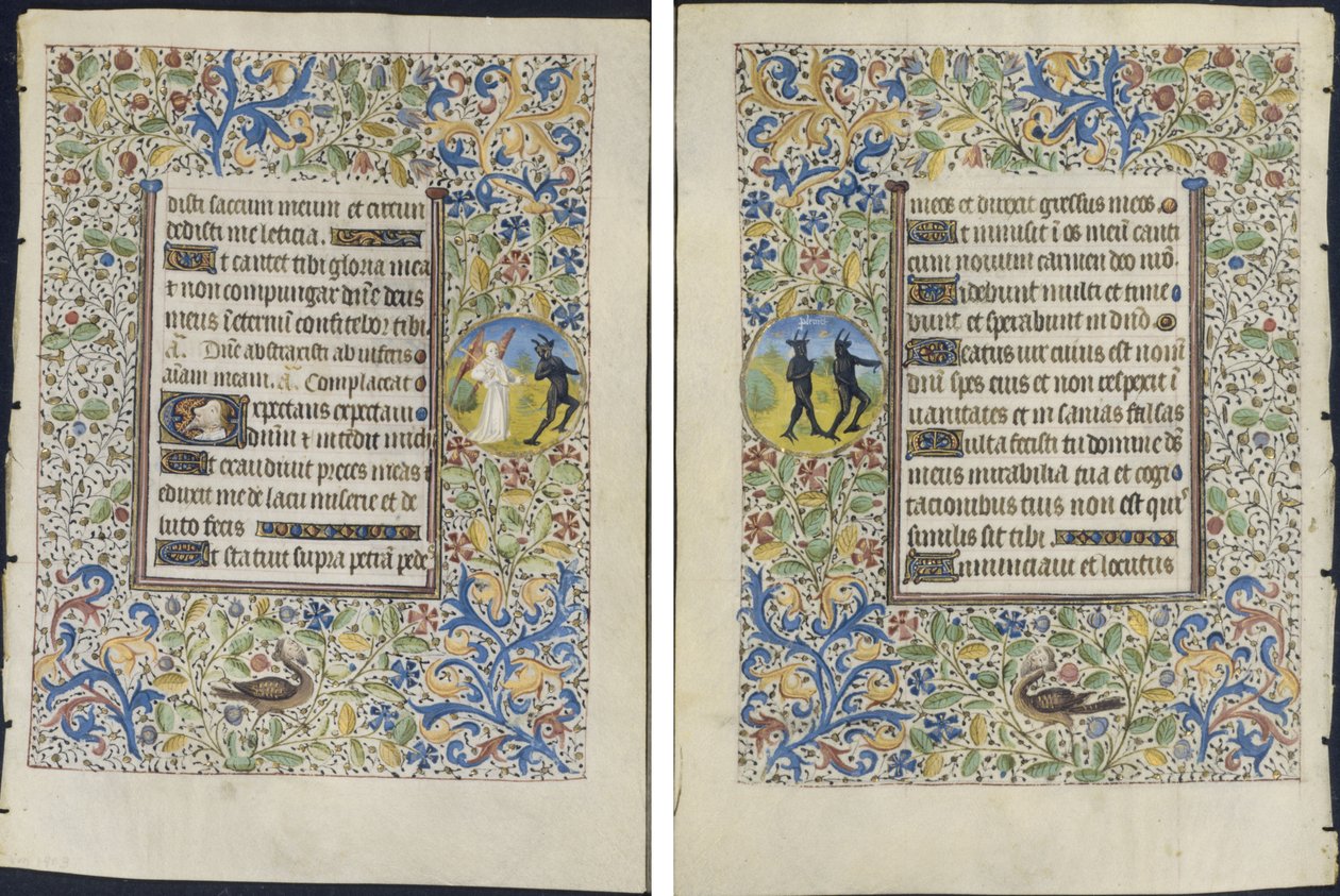 Blad uit een getijdenboek: Engel die een duivel achtervolgt (recto) en twee duivels (verso) door circle of Coëtivy Master