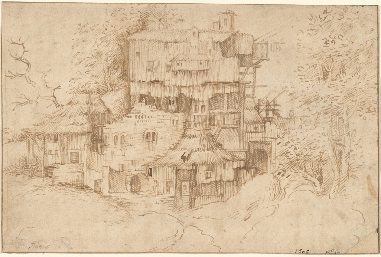 Een complex van rustieke huizen gebouwd over ruïnes door circle of Giorgione