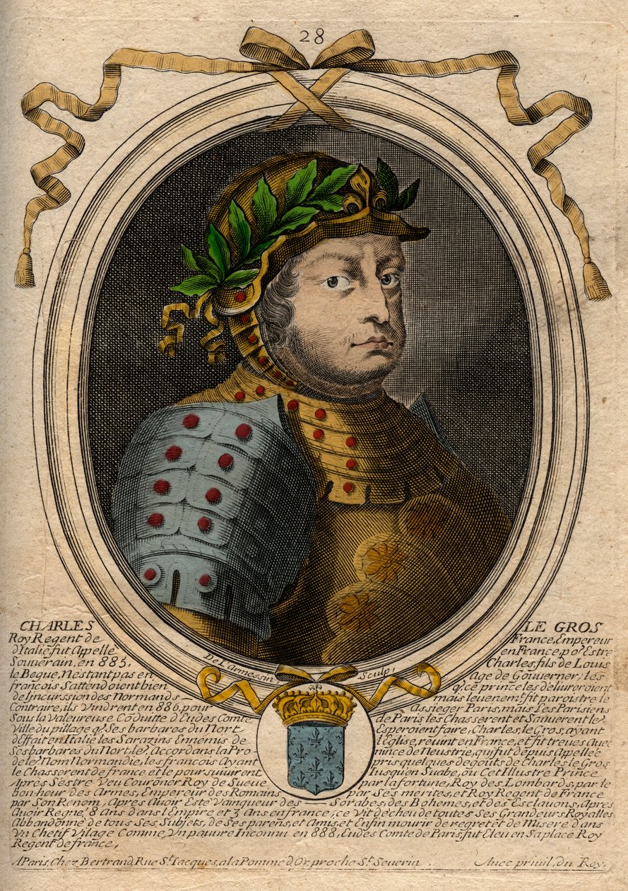 Karolingische dynastie: Portret van Karel III de Dikke (839-888) koning van de Franken - Karel III de Dikke - gravure uit 