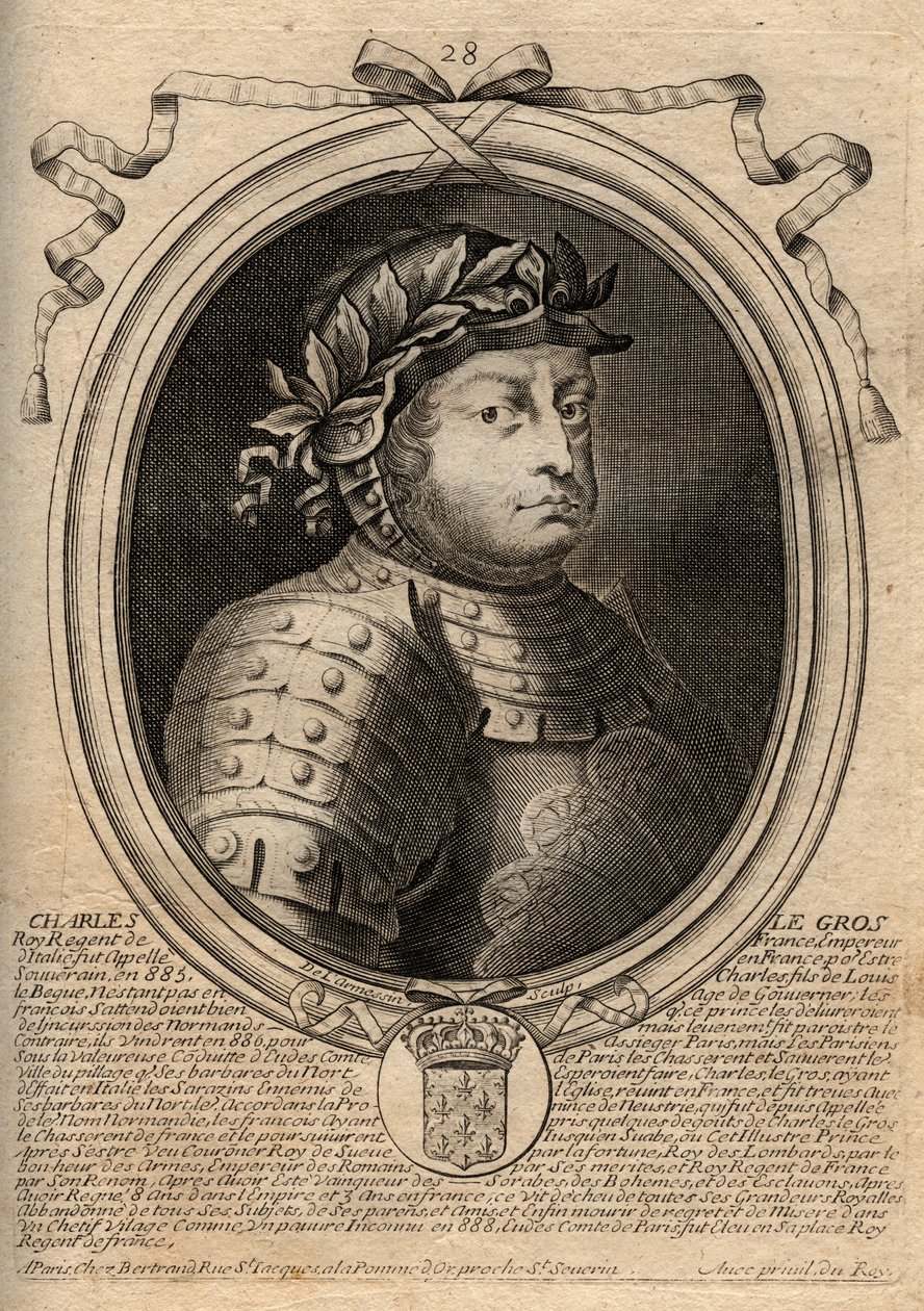 Karolingische Dynastie: Portret van Karel III de Dikke (839-888) Koning van de Franken - Karel III de Dikke - gravure uit 