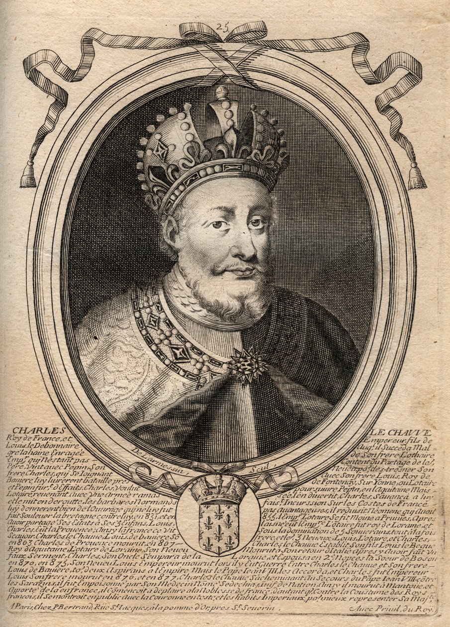 Portret van Karel II de Kale (823 - 877), Koning van Frankrijk - Karel II (823-77) de Kale - gravure uit 