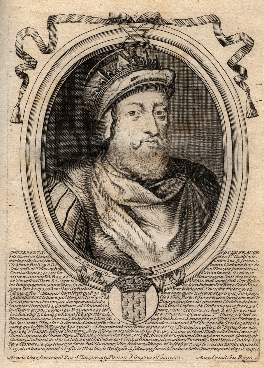 Portret van Childebert I, Koning van de Franken - Koning Childebert I (497-558) - gravure uit 