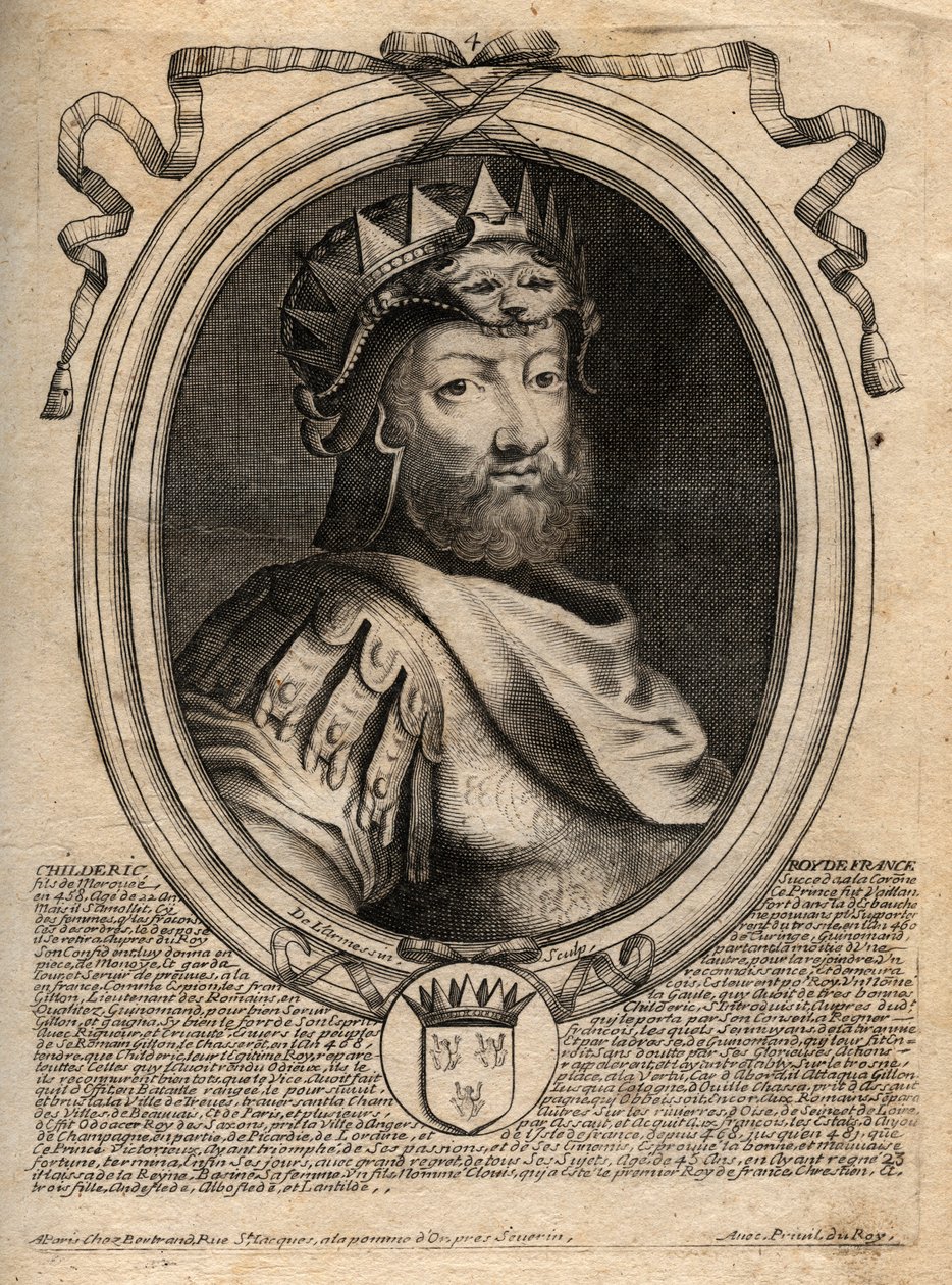 Portret van Childeric I, koning van de Salische Franken (436-481) - CHILDERIC I Koning van de Salische Franken - gravure uit 