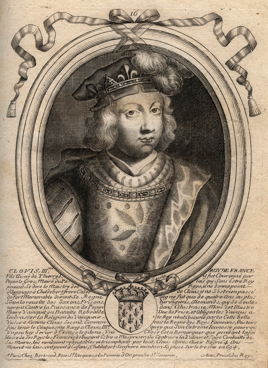 Portret van Clovis III, koning van de Franken van 691 tot 695 - CLOVIS III Merovingische koning van Neustrië en Austrasië - gravure uit 