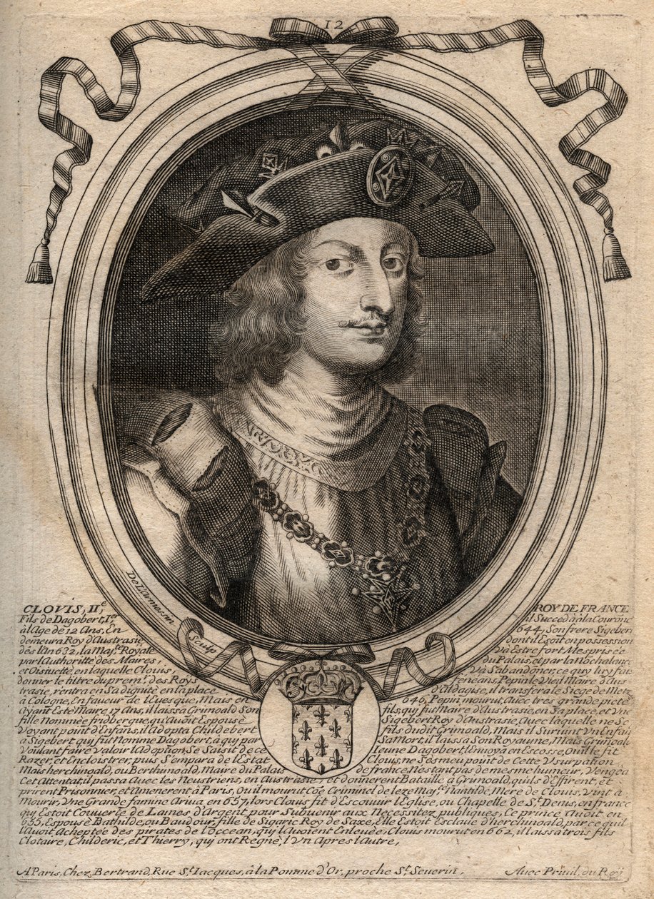 Portret van Clovis II, koning van de Franken (ca. 633-657) - gravure uit 