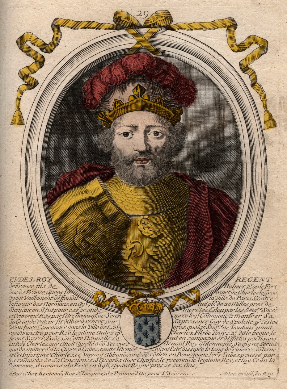Portret van Eudes (Odon) (ca. 860 - 898), graaf van Parijs en Troyes, vervolgens koning van Frankrijk - EUDES graaf van Parijs gekozen tot Franse troon na de afzetting van Karel de Keizer - gravure uit 