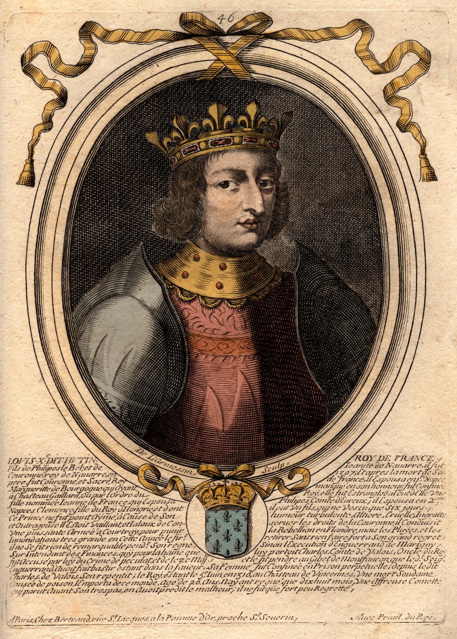 Portret van Lodewijk X de Hutin (1289 - 1316), koning van Frankrijk - Lodewijk X (1289-1316) de Stijfkoppige, koning van Frankrijk en Navarra - gravure uit 