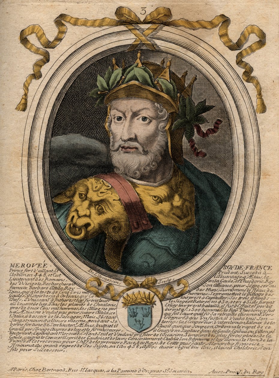 Portret van Merovee of Merovech, Frankische koning (v448-v458), eerste koning van de Merovingische dynastie - gravure uit 