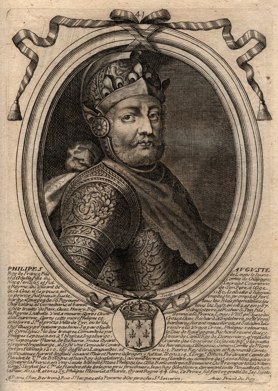 Portret van Filips II genaamd Filips Augustus (1165-1223) - Filips Augustus II (1165-1223) Koning van Frankrijk - gravure uit 