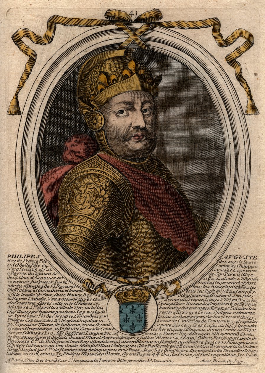 Portret van Filips II genaamd Filips Augustus (1165-1223) - Filips Augustus II (1165-1223) koning van Frankrijk - gravure uit 