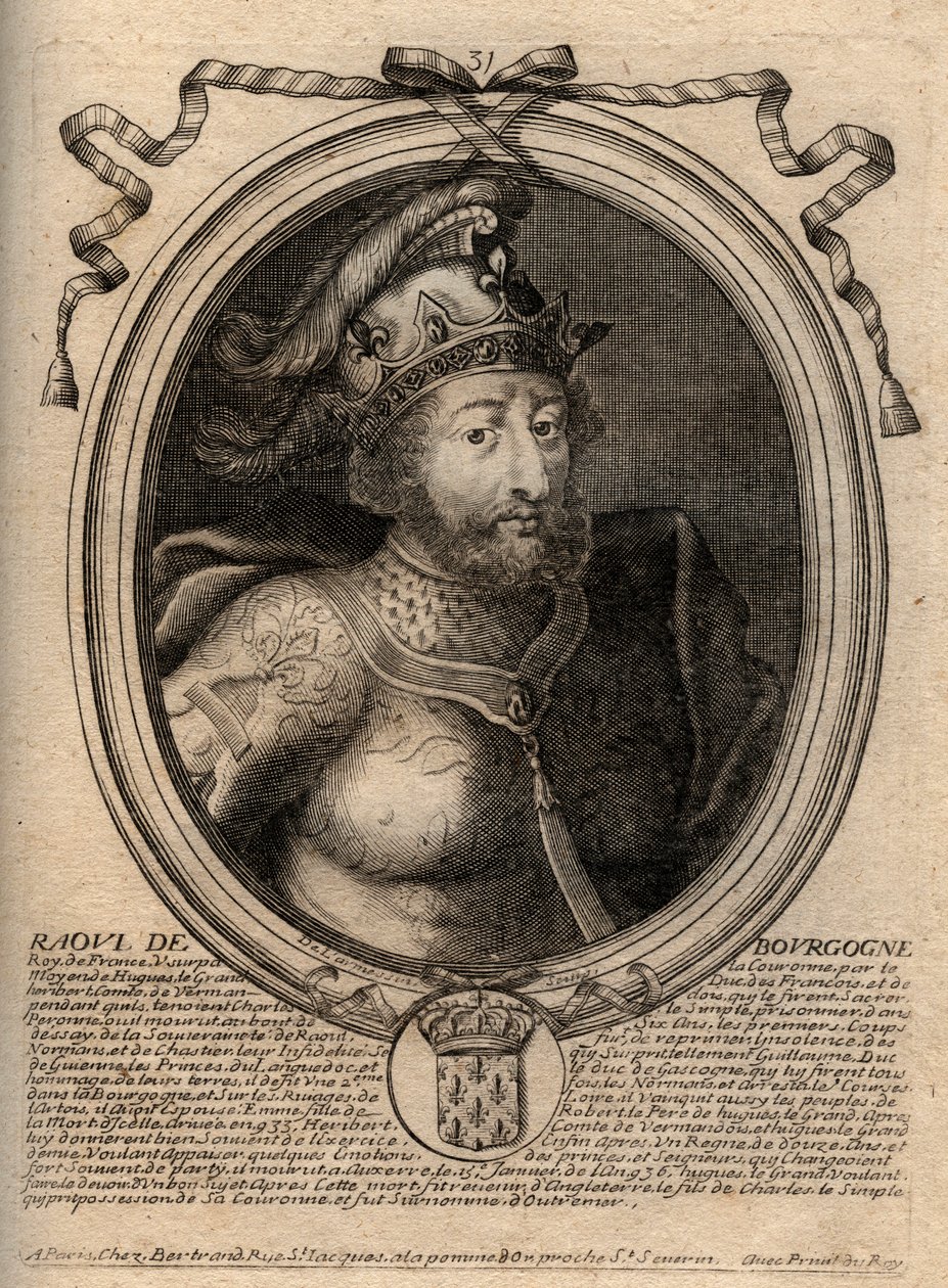 Portret van Raoul van Frankrijk (of Rodolphe, ca. 890-936) Koning van de Franken - Gravure uit 