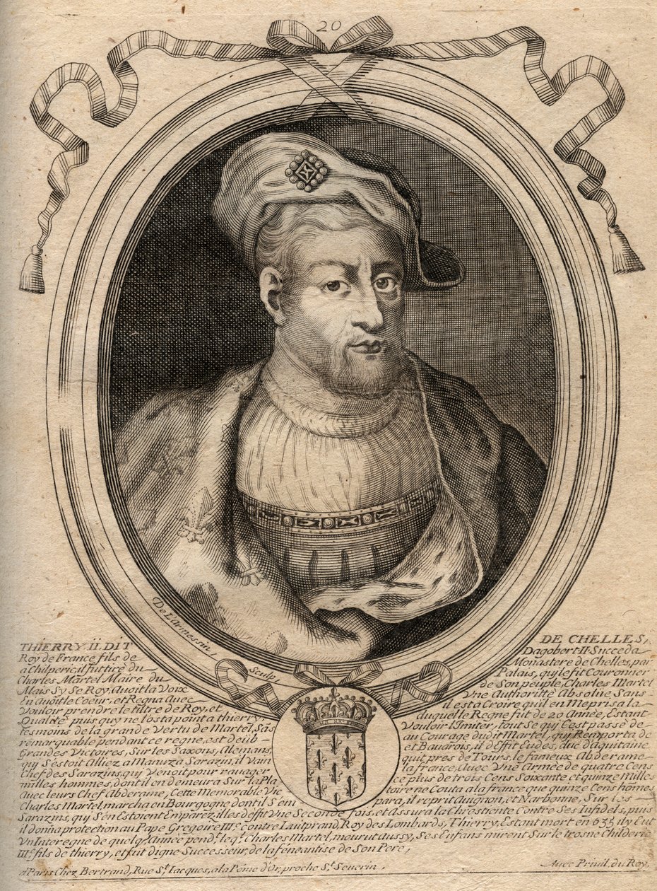 Portret van Thierry IV (713-737) koning van de Franken van 721 tot 737 - Gravure uit 