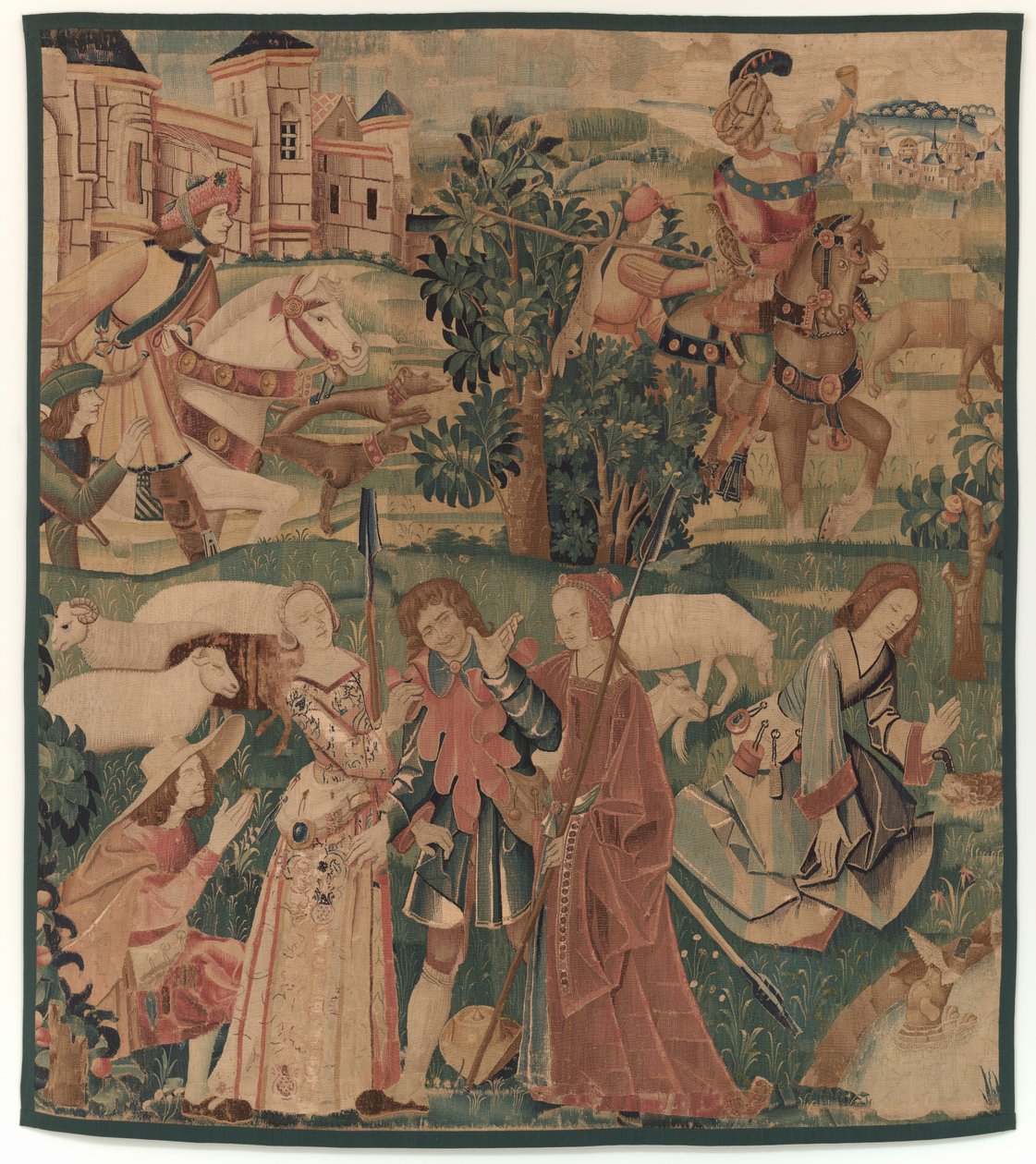 Jacht- en Pastorale Scènes, met een lachende man tussen dames door design probably French 16th Century, Paris; woven in southern Netherlands or Paris in an undetermine workshop