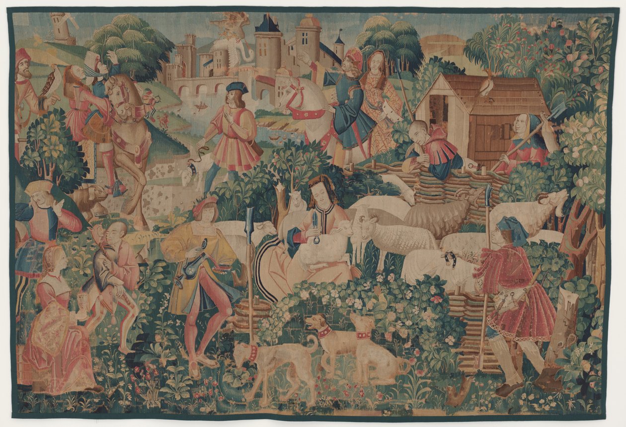 Jacht- en Pastorale Scènes, met een herderin die schapen scheert door design probably French 16th Century, Paris; woven in southern Netherlands or Paris in an undetermine workshop