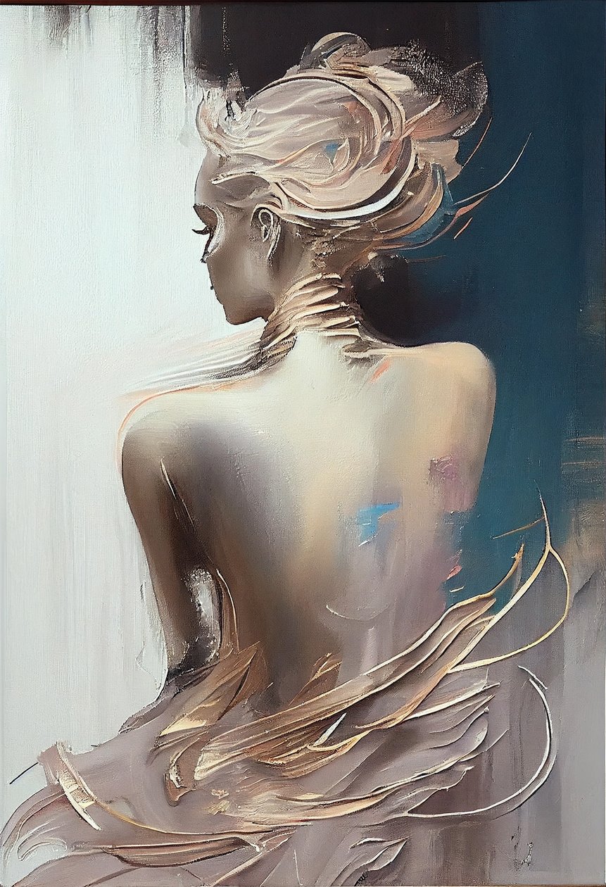 Geklede vrouw zittend van achteren gezien, silhouetschilderij door F. Abderrahim