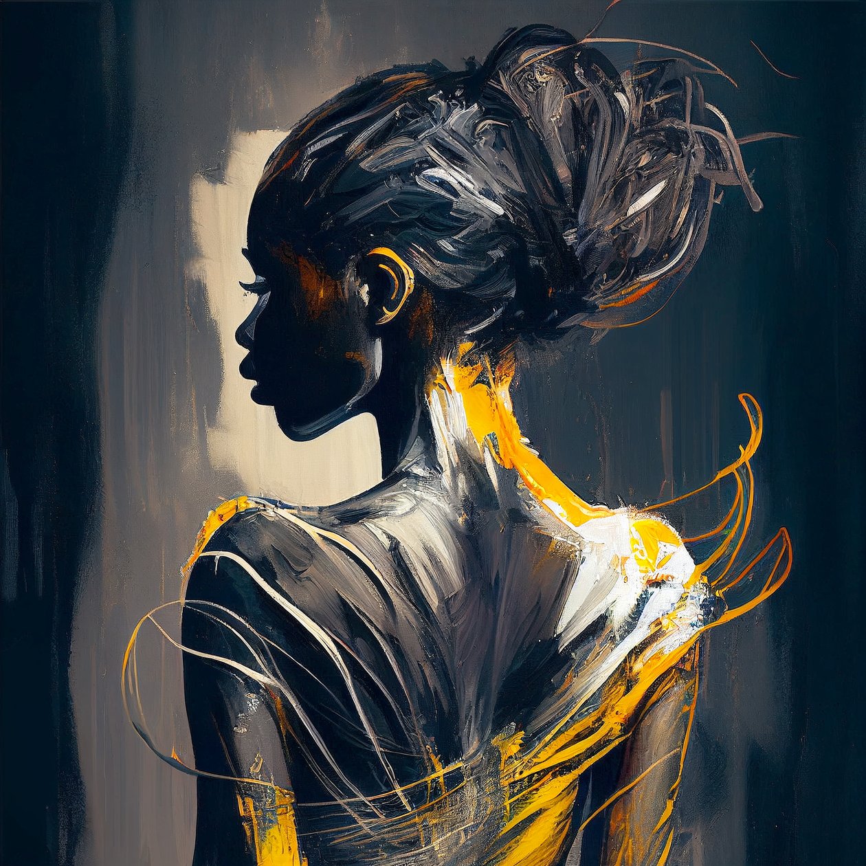 Afrikaanse vrouw gezien van achteren abstract olieverfschilderij door F. Abderrahim