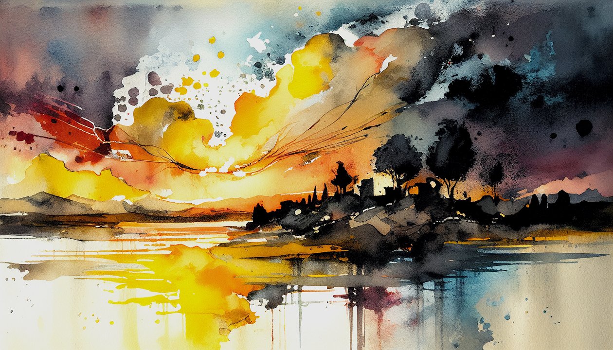 Landschap en natuur aquarel schilderij door F. Abderrahim