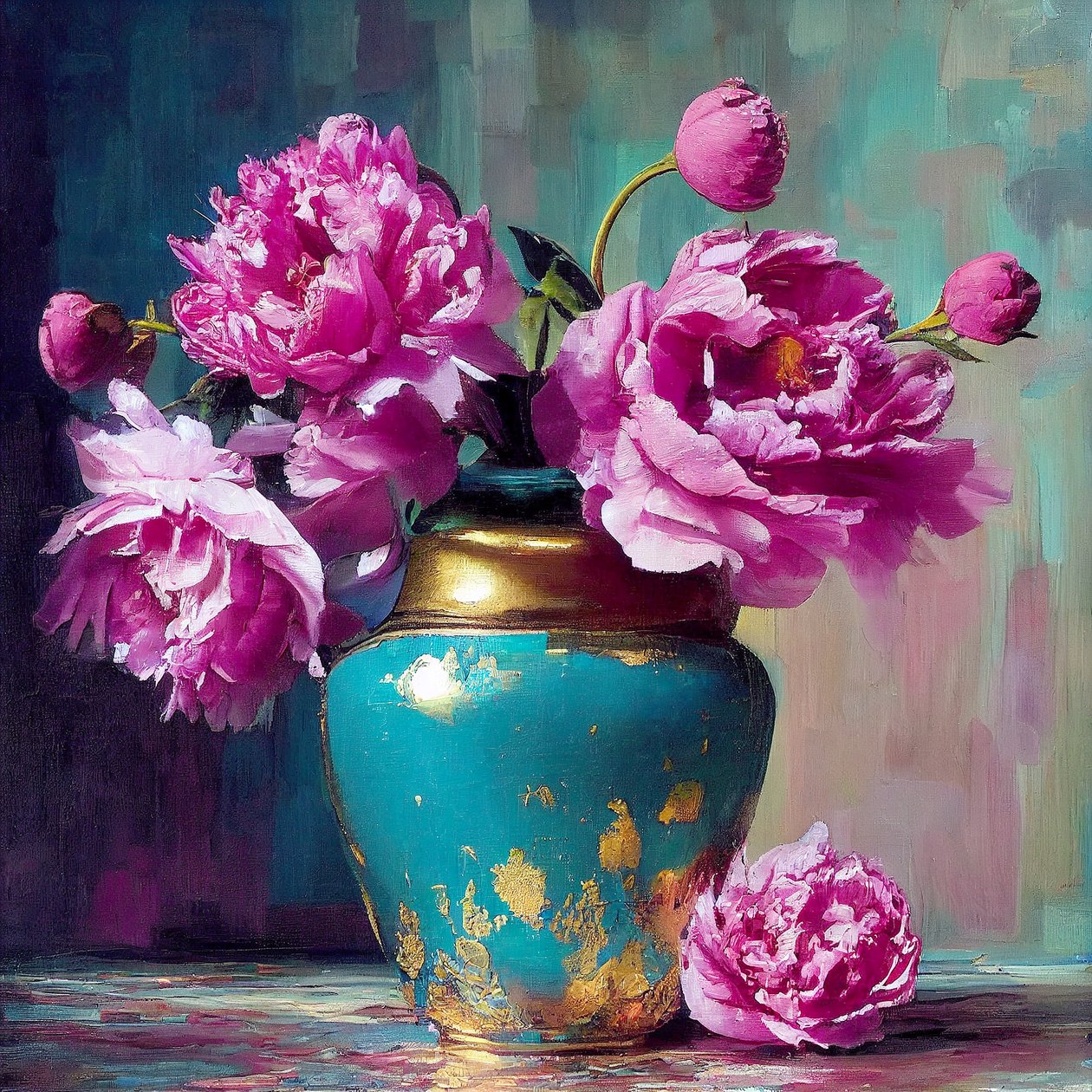 Roze bloem schilderij, abstracte botanische kunst door F. Abderrahim