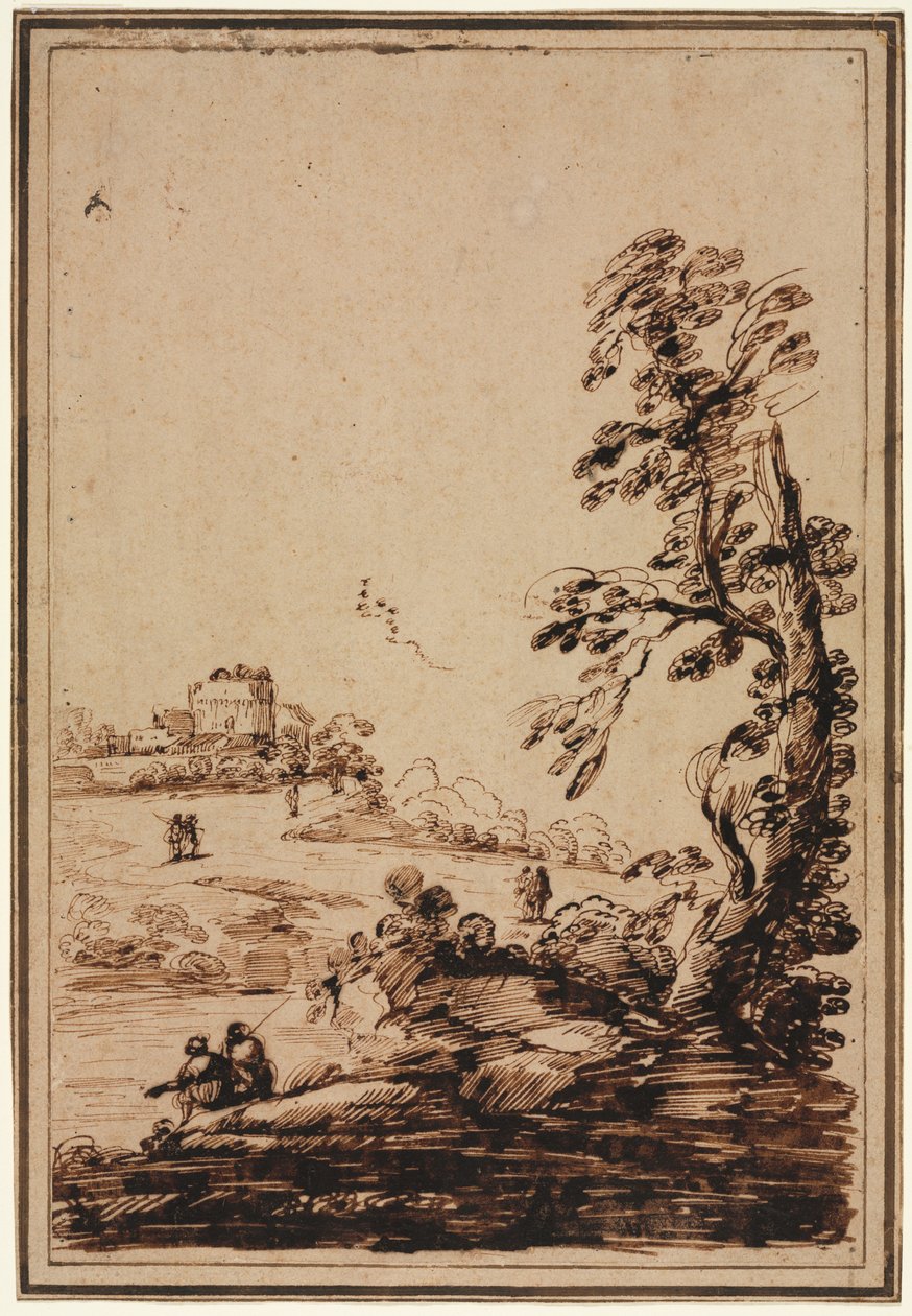 Landschap met kleine groep gebouwen door imitator of Guercino