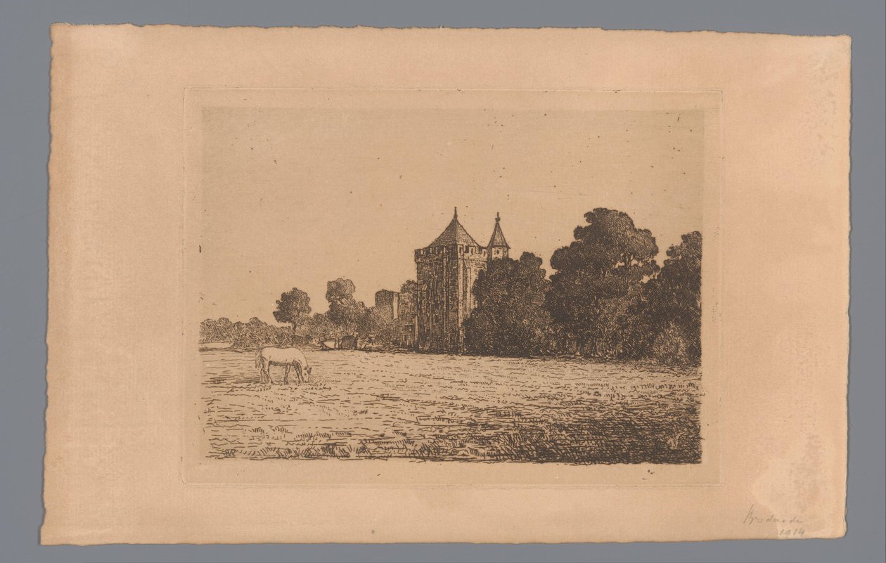 Gezicht op Kasteel Brederode vanaf een weiland gezien door jonkheer Barthold Willem Floris van Riemsdijk