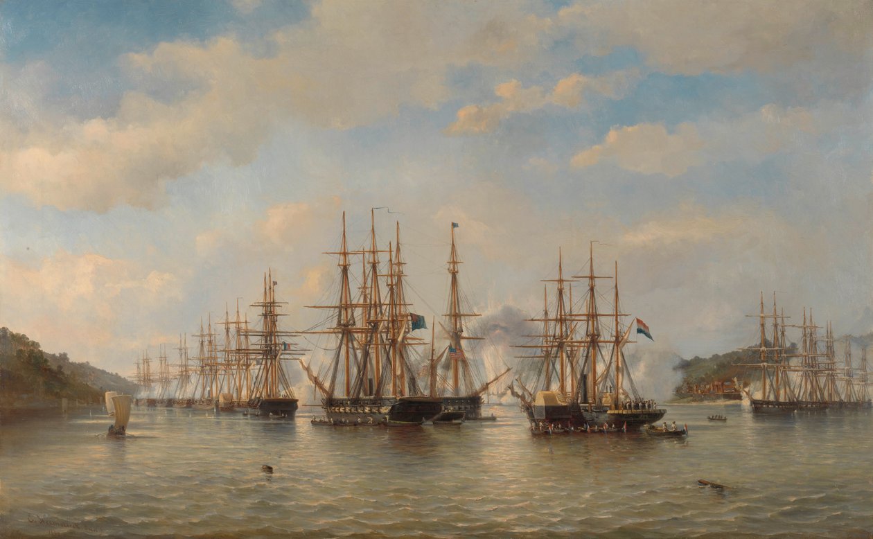 Nederlandse, Engelse, Franse en Amerikaanse eskaders in Japanse wateren tijdens de expeditie onder leiding van de Franse commandant Constant Jaurès, september 1864 door jonkheer Jacob Eduard van Heemskerck