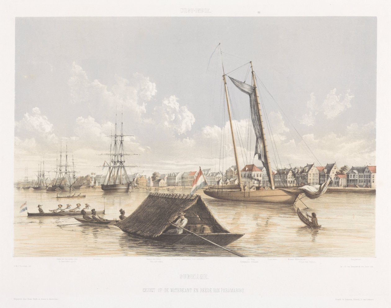 Gezicht op de waterkant en reede van Paramaribo door jonkheer Jacob Eduard van Heemskerck