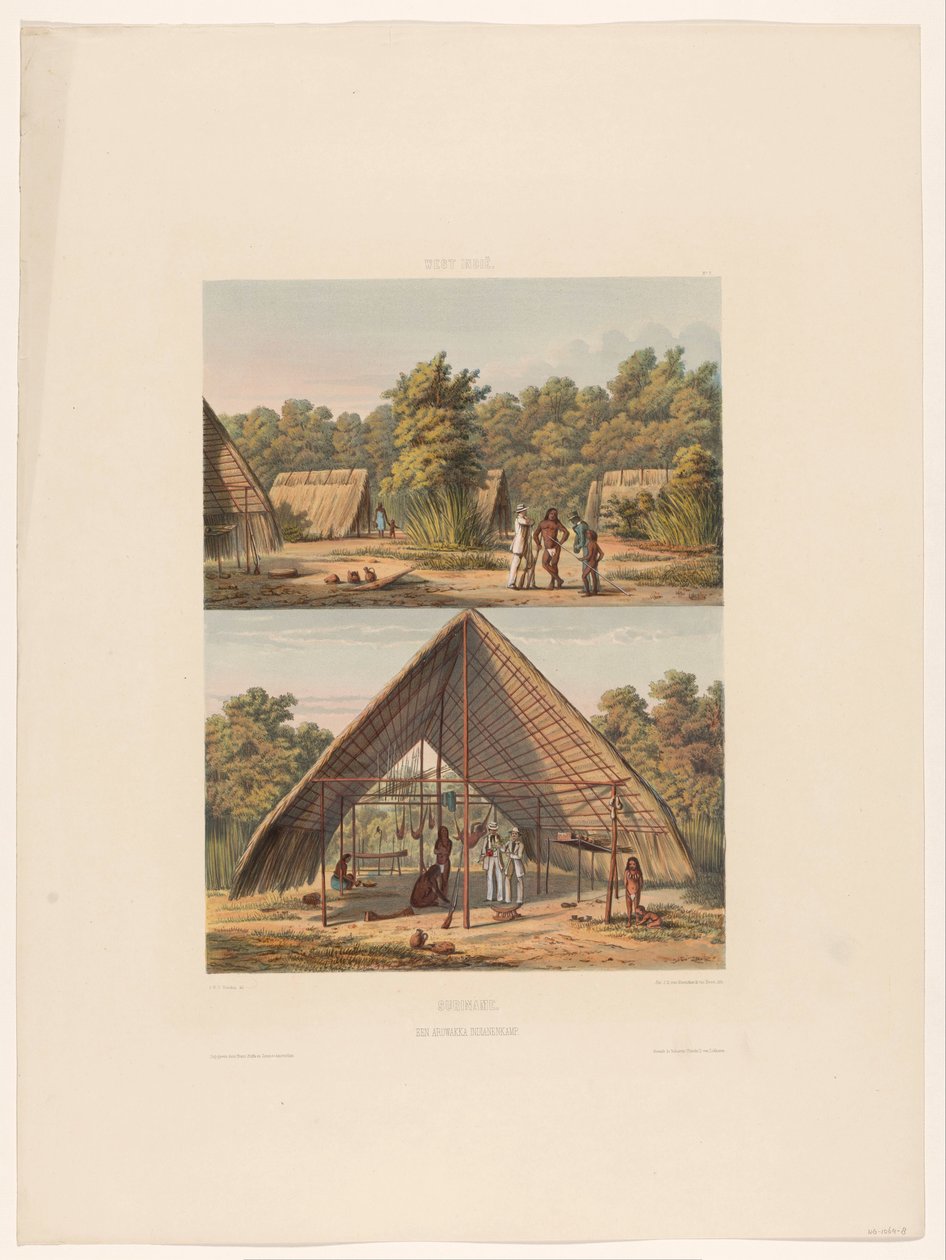 Kamp van Arowakken (Suriname. Een Arowakka indianenkamp) door jonkheer Jacob Eduard van Heemskerck