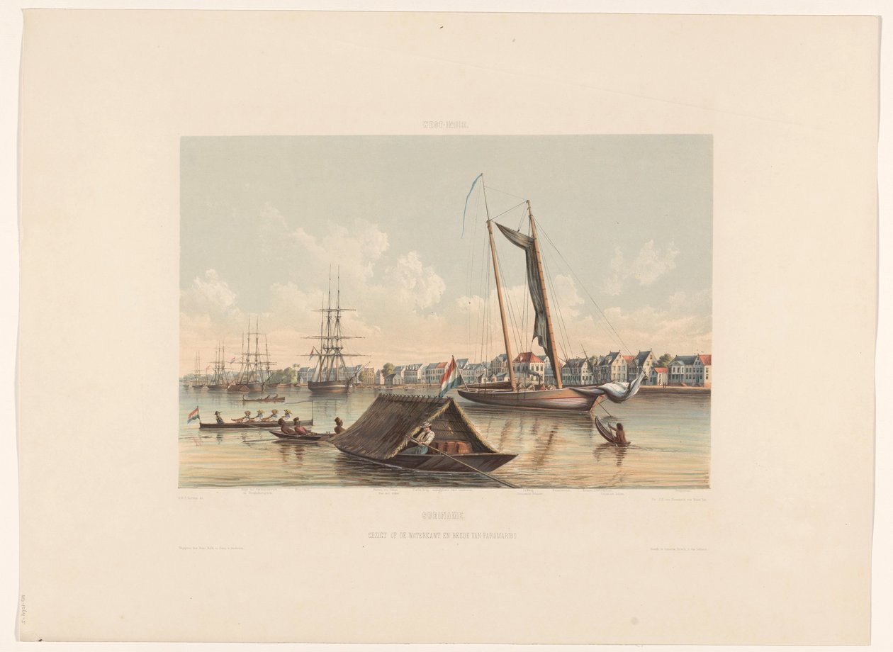 Waterkant en rede te Paramaribo (Suriname. Gezigt op de Waterkant en reede van Paramaribo) door jonkheer Jacob Eduard van Heemskerck