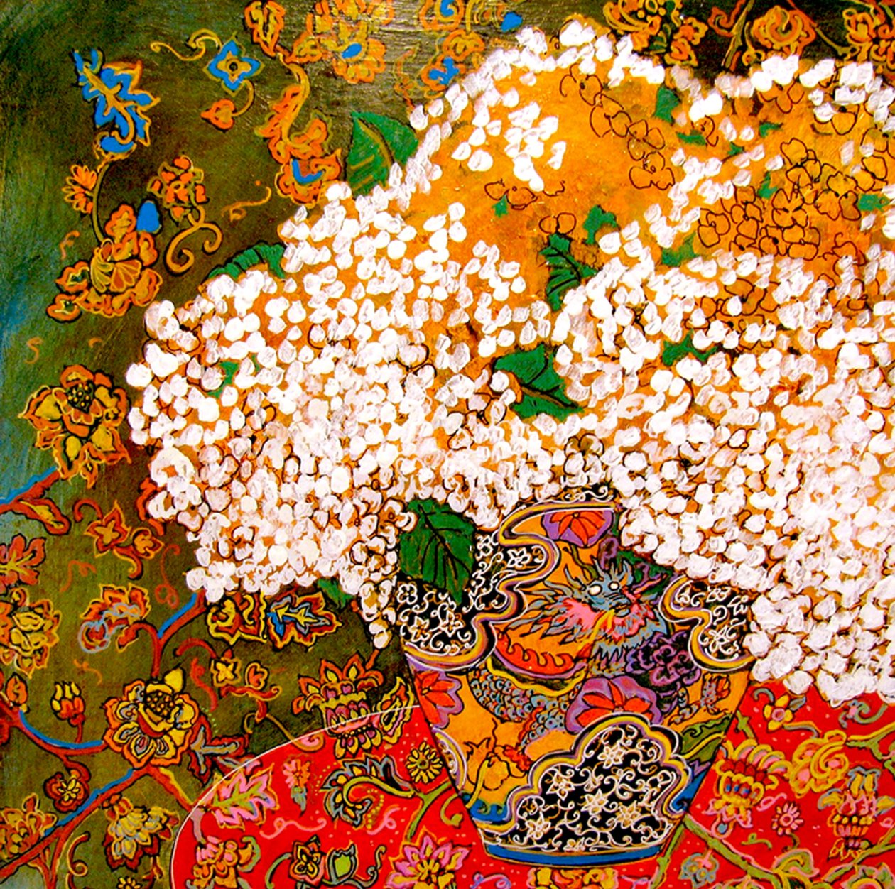 Bloemen in Chinese Vaas, 2016 (gemengd, acryl, inkt, olie) door linda arthurs