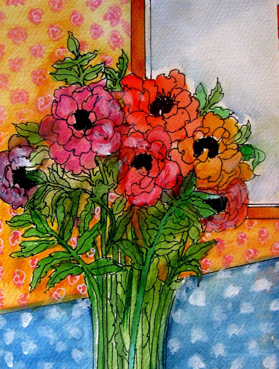 Bloemen in vaas, 2014 (aquarel, inkt) door linda arthurs