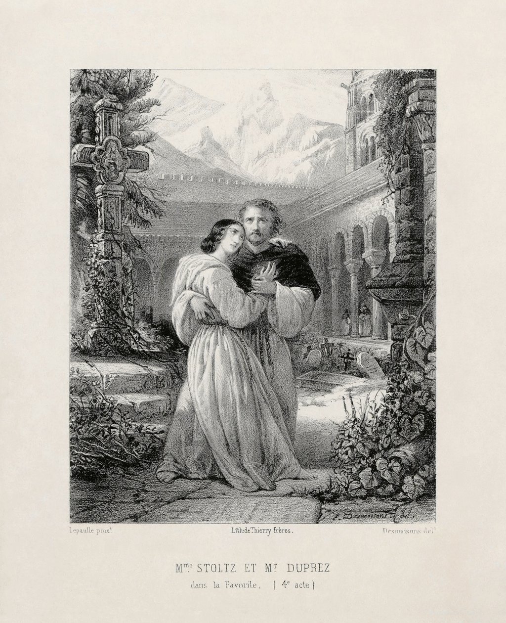 Gilbert Duprez (1806-1896) als Fernando en Rosine Stoltz (1815-1903) als Leonor de Guzmán in Act IV van Gaetano Donizetti