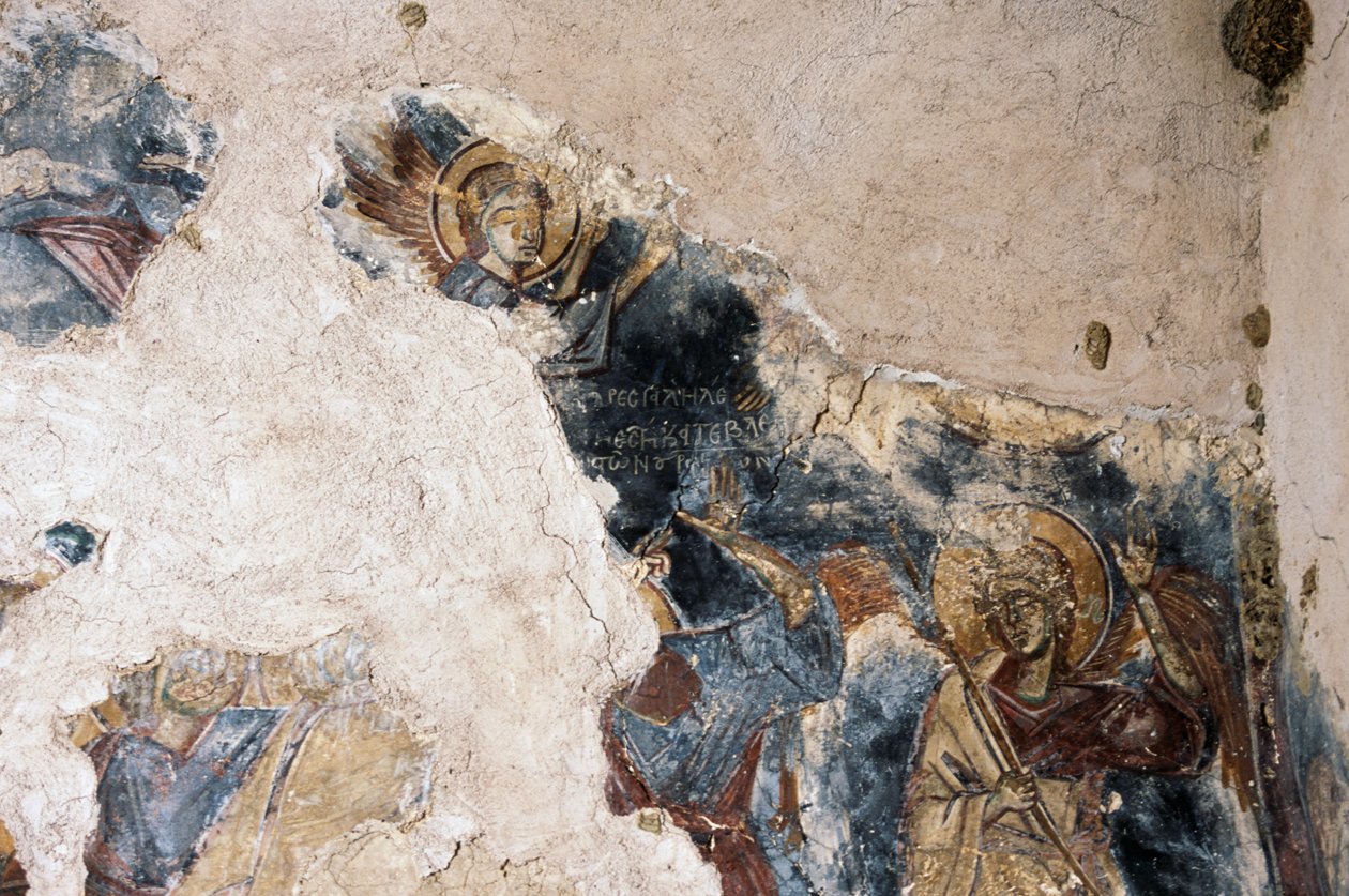 Engel en heilige, detail van fresco in kerk van Agios Georgios Apodoulou, Apodoulou, Kreta, Griekenland (foto) door Theodore Charles Ange Coquelin