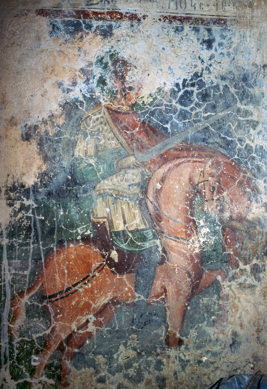 Man te paard met zwaard, fresco in Byzantijnse kerk van Agios Athanasios, Kefali, Kreta, Griekenland door Theodore Charles Ange Coquelin